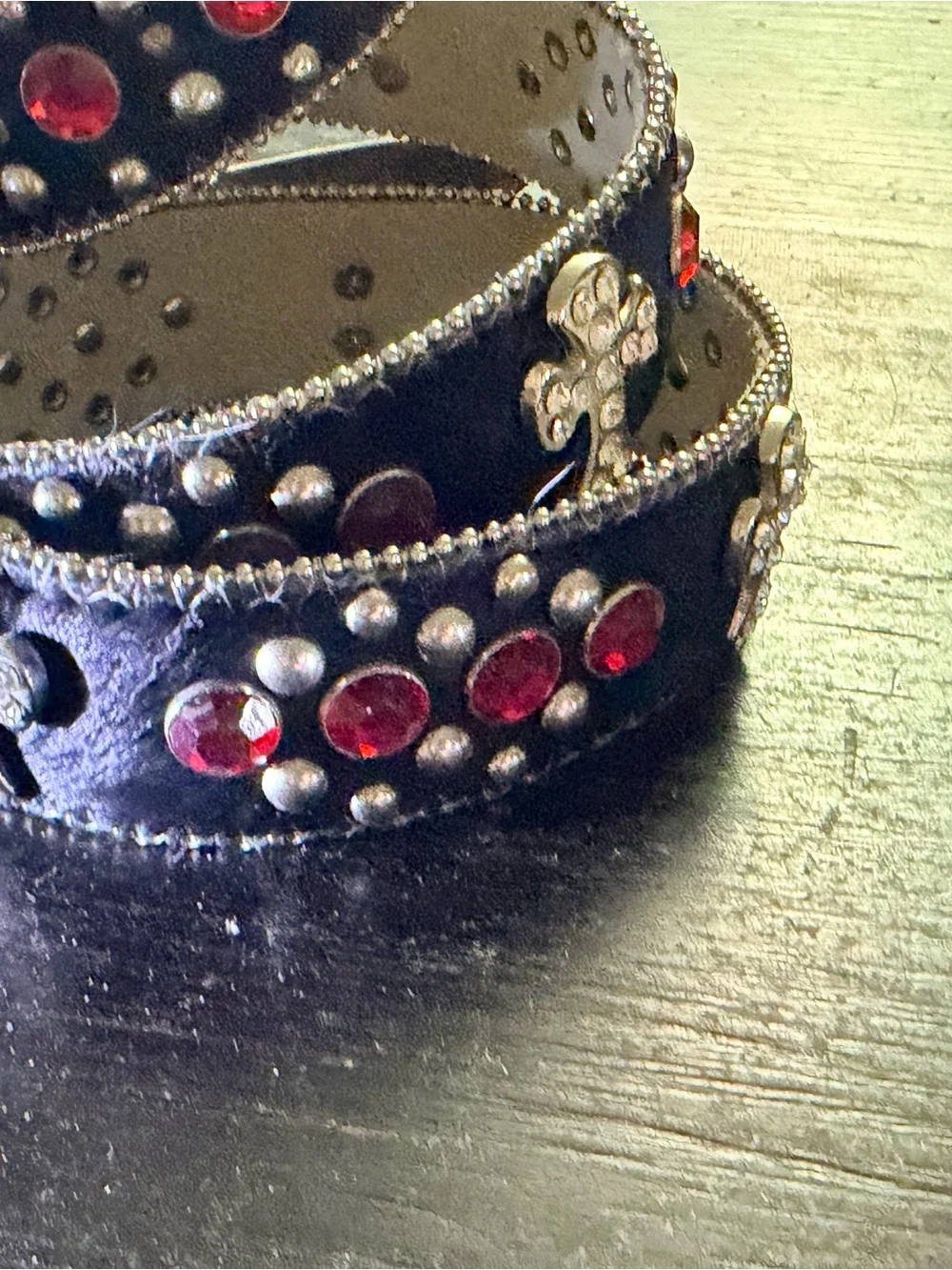 Black cowhide rhinestone crosses red stones western bling belt large